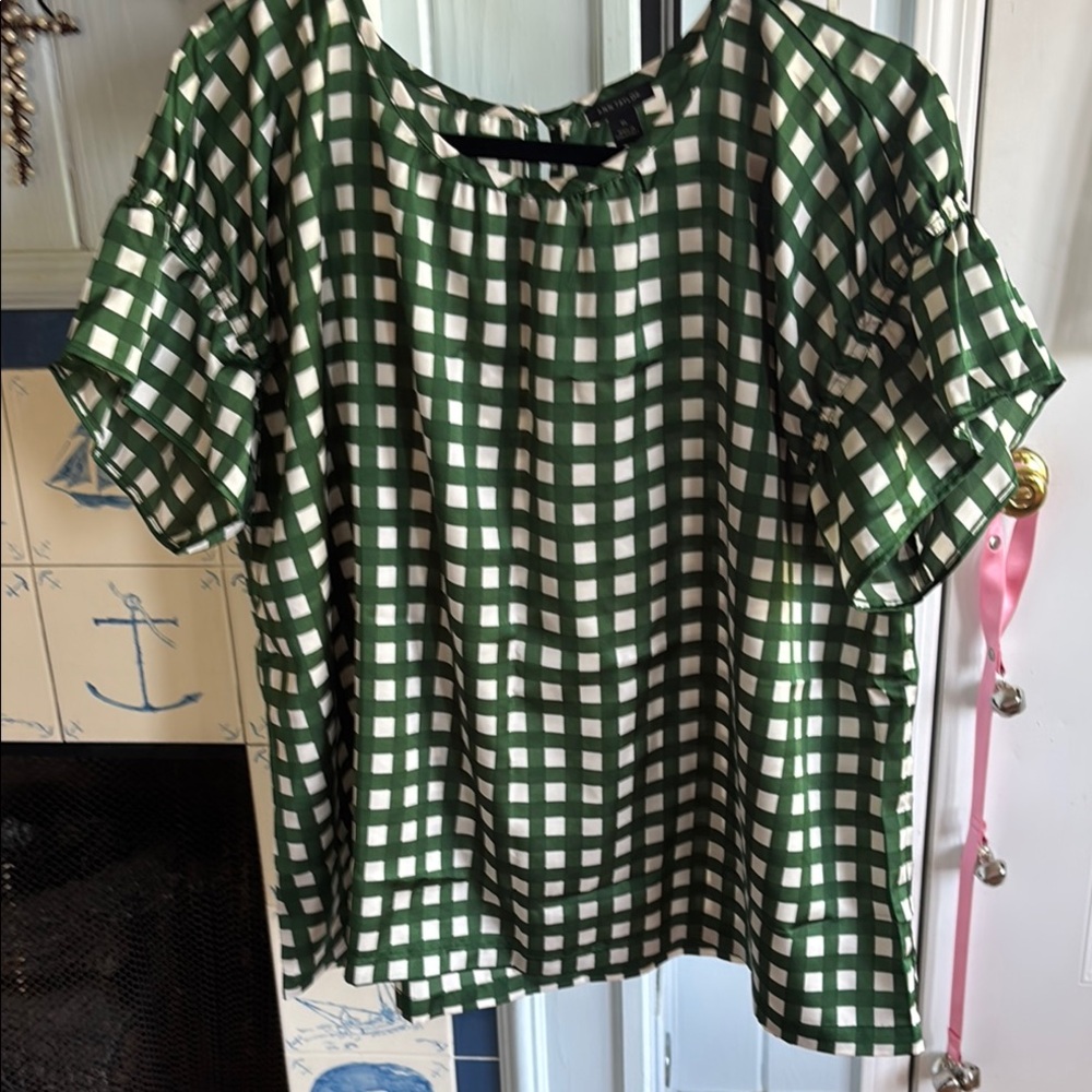 Ann Taylor Green and White Check Short-Sleeve Blouse